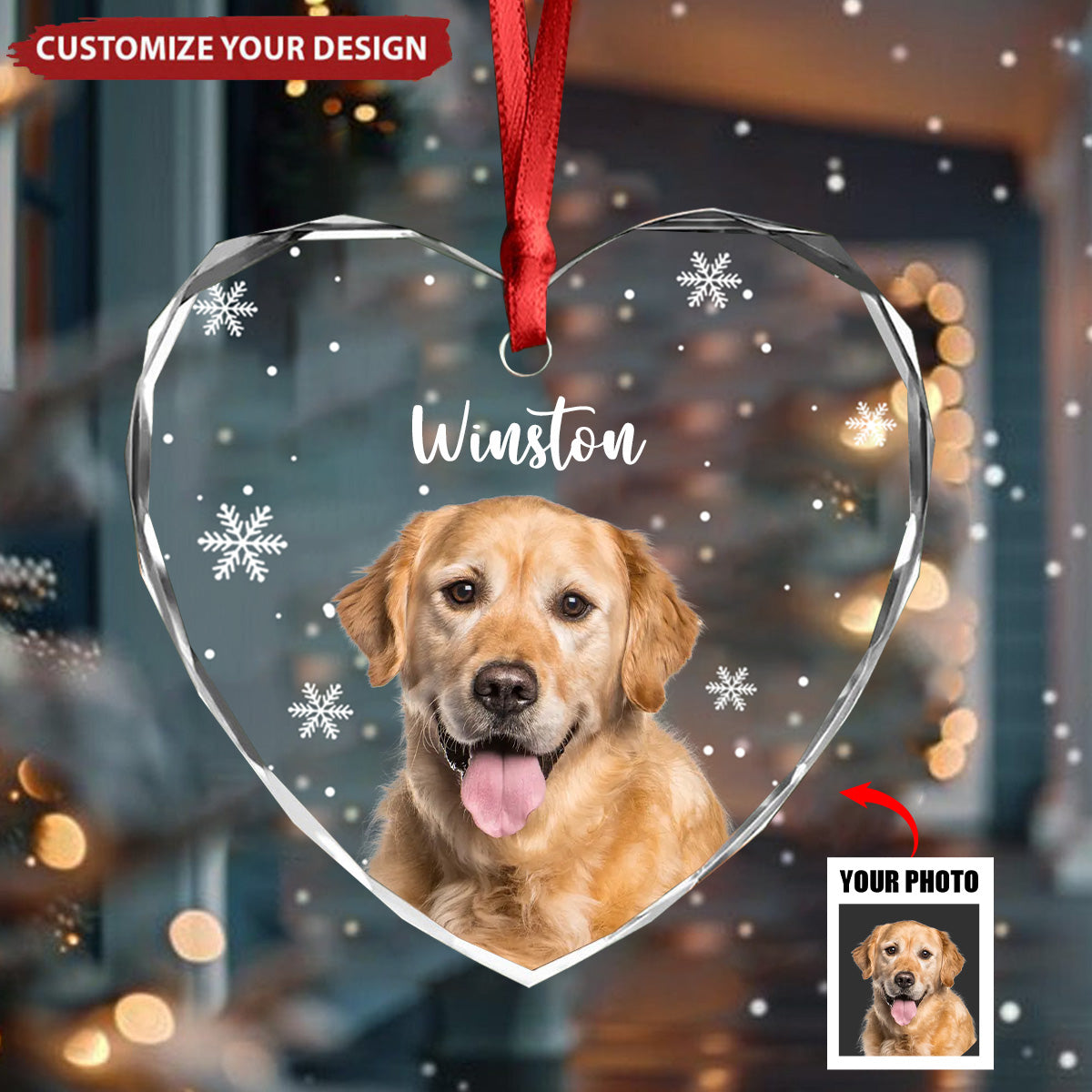 Custom Photo Dog Personalized Heart Shaped Glass Ornament For Christmas