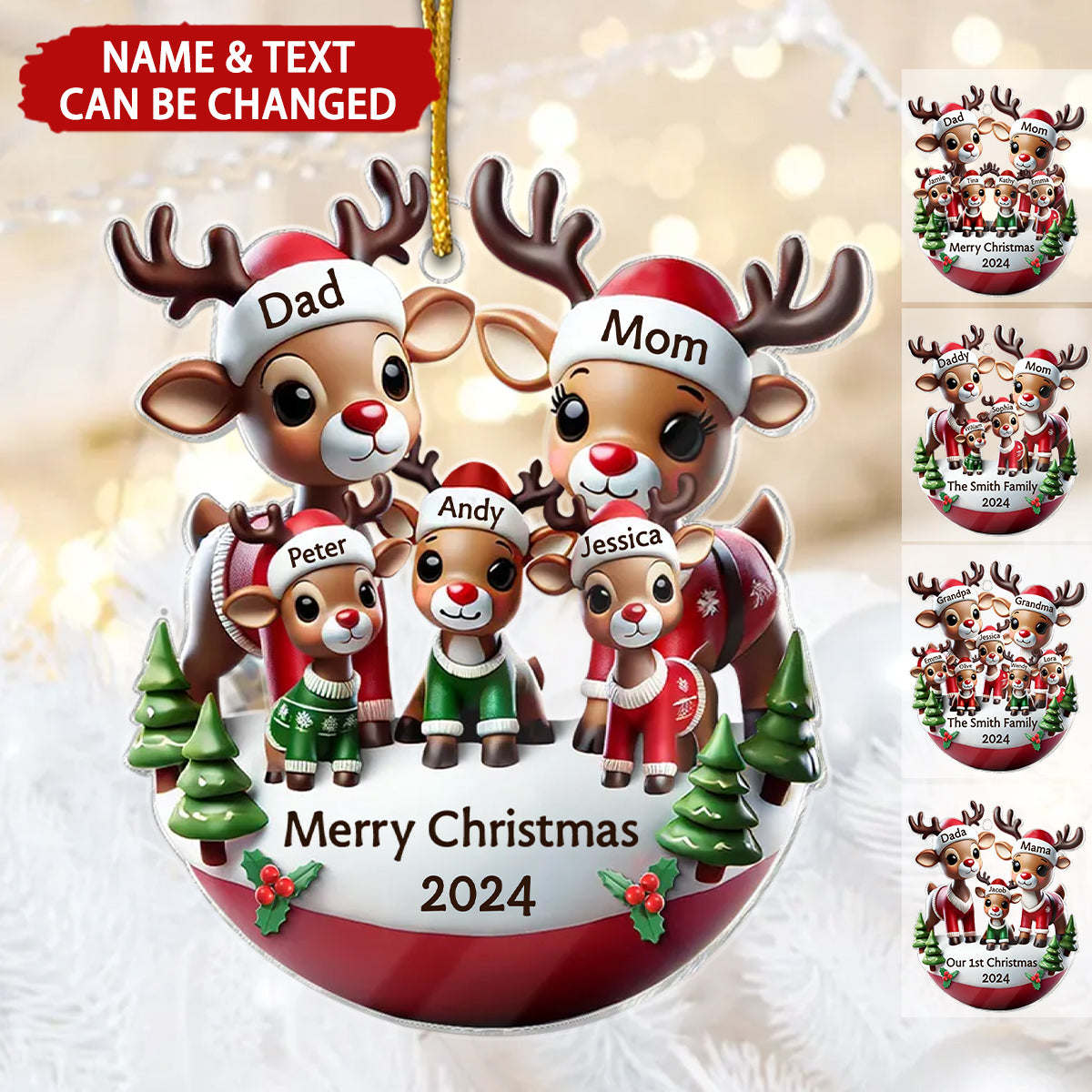 Reindeer Family 3D Effect Cute Christmas Decor Personalized Acrylic Ornament