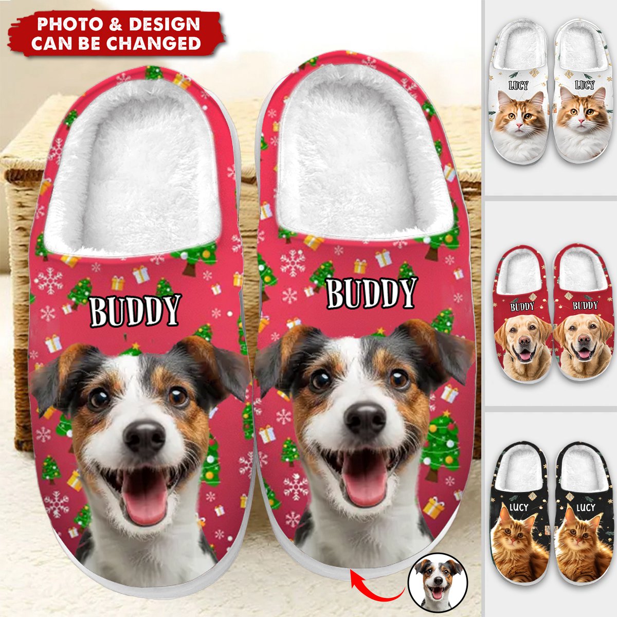 Custom Photo Wagging Tails, Happy Hearts - Dog & Cat Personalized Custom Fluffy Slippers - Christmas Gift For Pet Owners